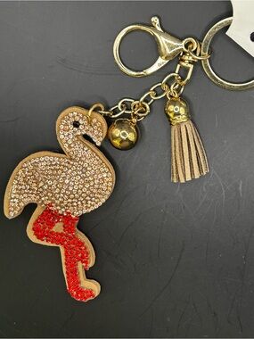 Gold and Red Flamingo Crystal Keychain Pom Tassel
